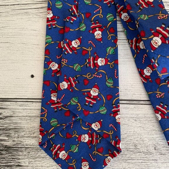 Vintage Christmas Tie Blue Red Santa Xmas Classic Necktie Handmade Vintage 80s - Picture 4 of 8